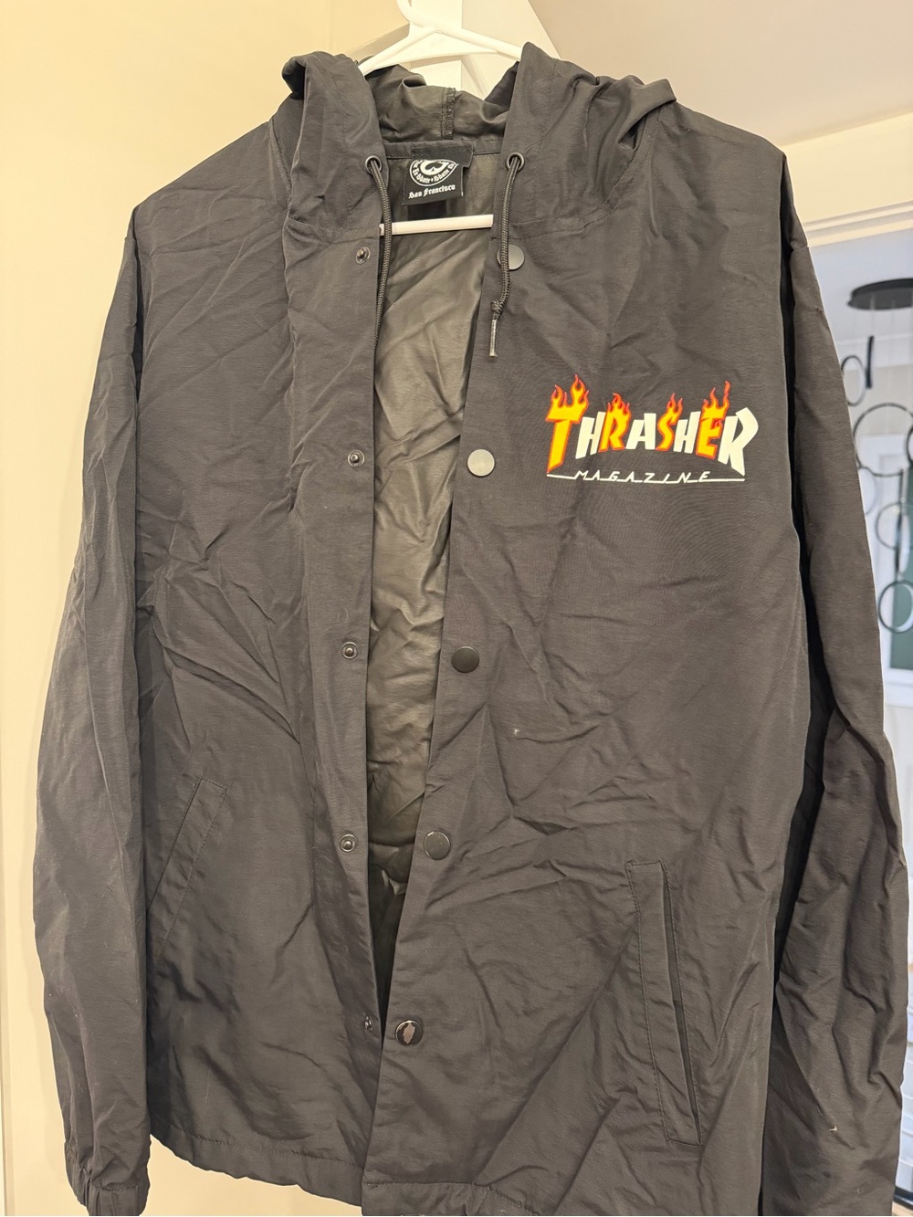 Thrasher Black Hooded Windbreaker with Flame Logo